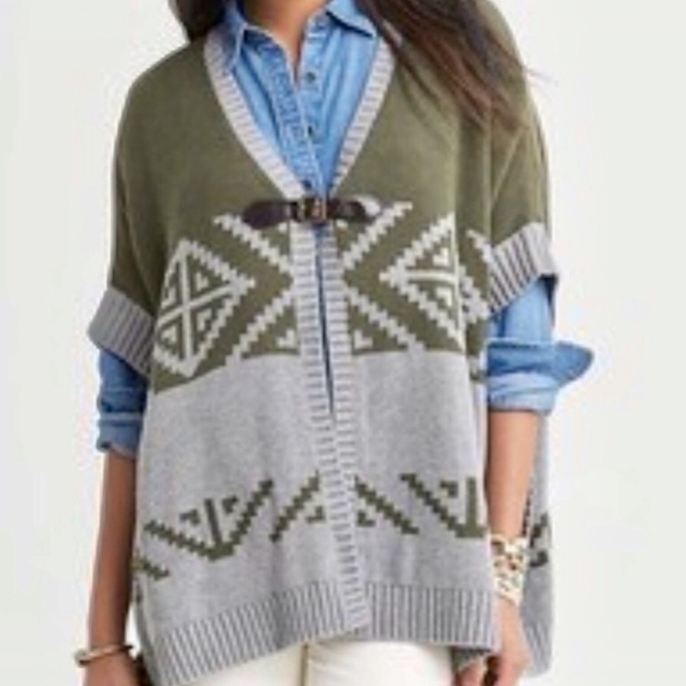 Banana Republic Heritage Intarsia Poncho Grey Heather‎ Boho Knitted  Tribal XS
